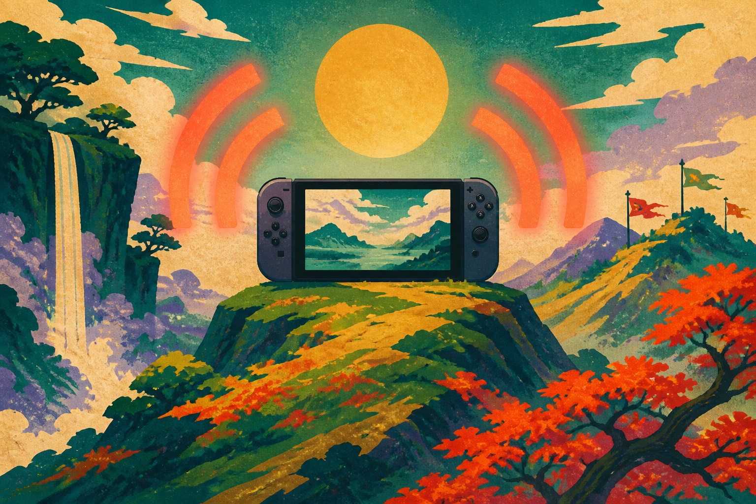 AI-illustratie in prentstijl van een fictieve handheld in een groen fantasielandschap met oranje uitzendsignalen.