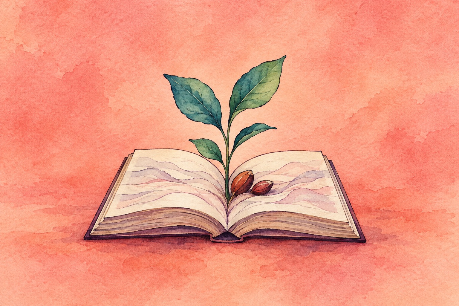 AI-illustratie van een open boek met een kiemplantje en twee zaadjes, als symbool voor verhalen en herinneringen aan thuis.