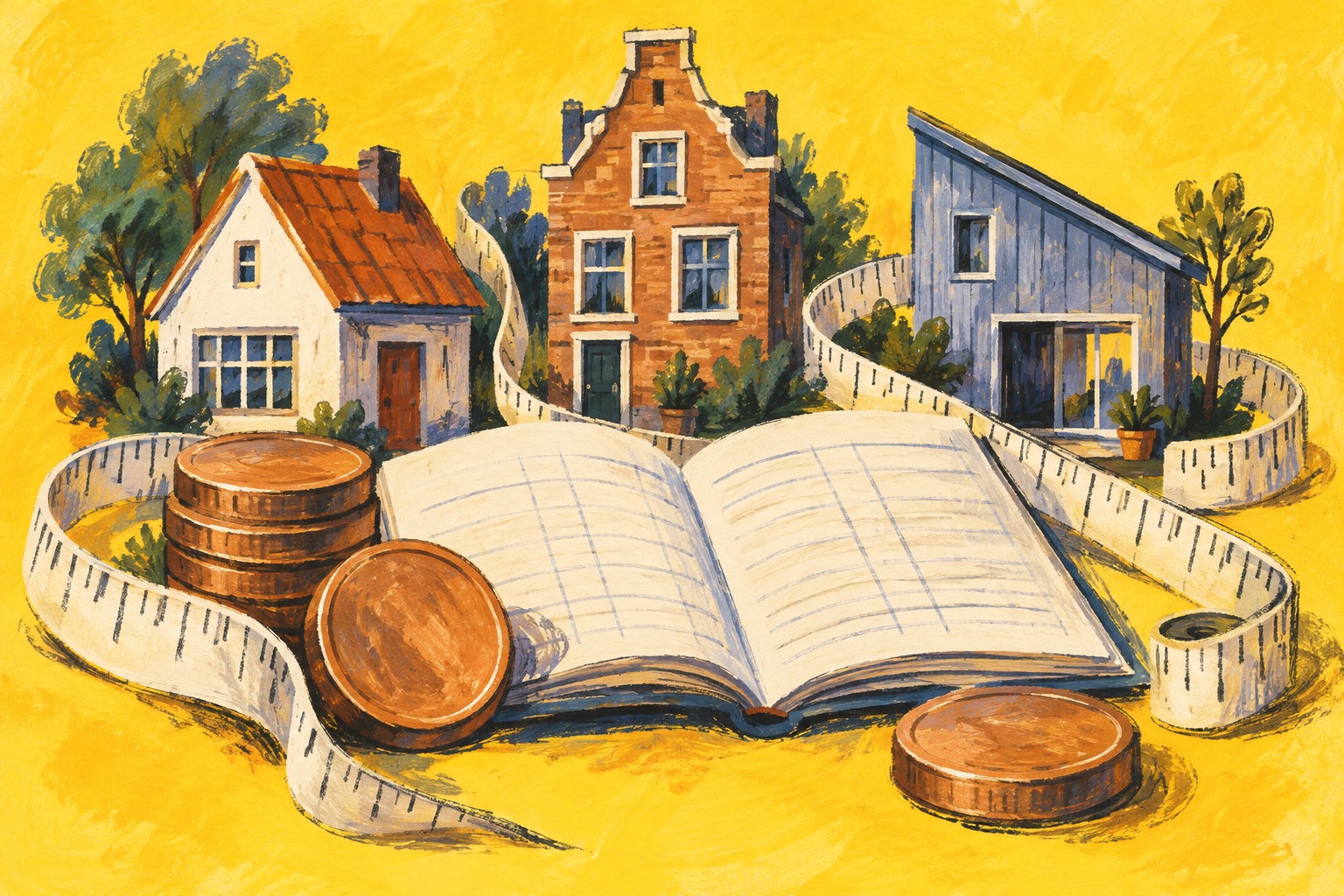 AI-illustratie van drie huizen rond een huishoudboekje, munten en een meetlint op een gele achtergrond.