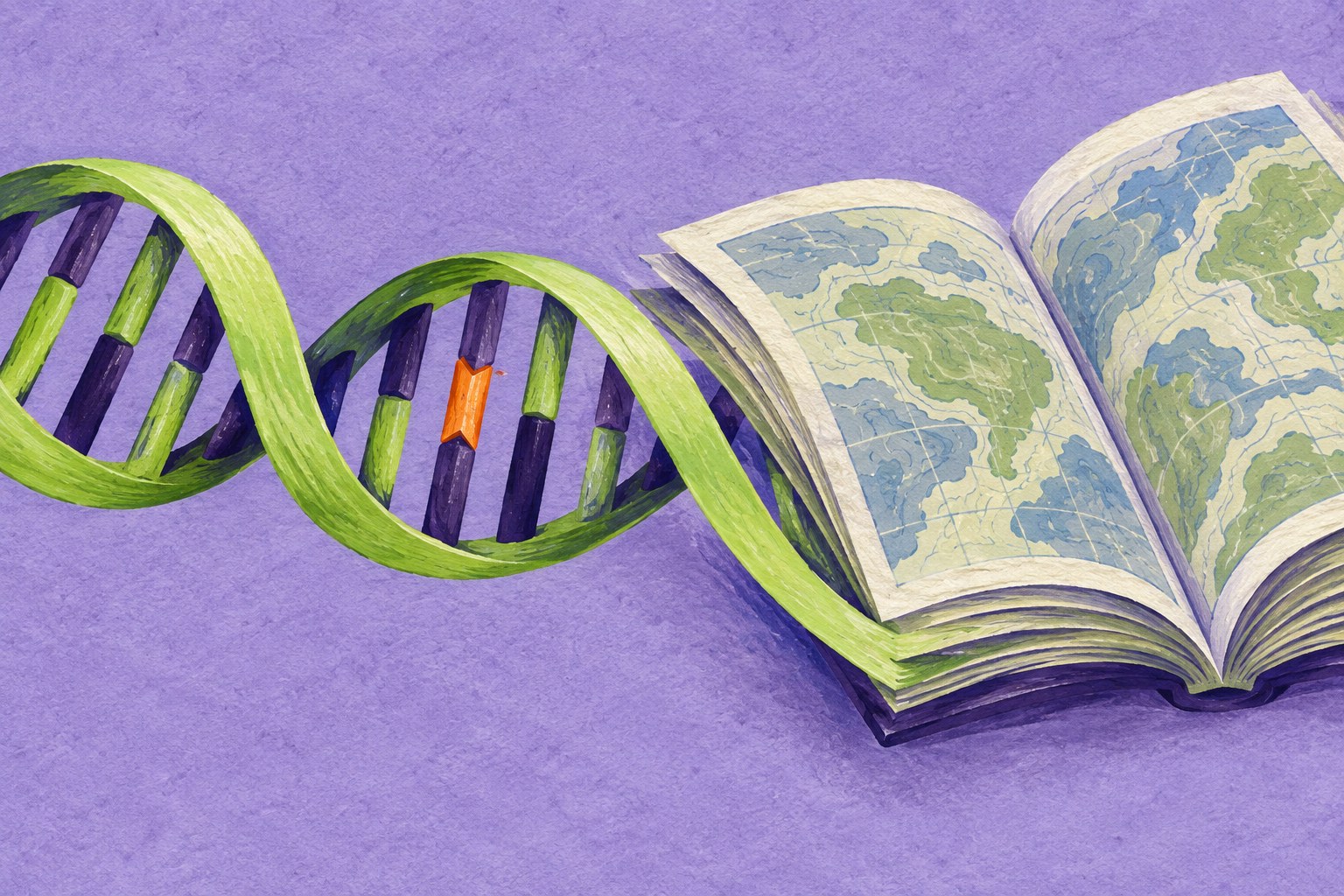 AI-illustratie van een groene DNA-helix die uitloopt in een atlas op een paarse ondergrond.