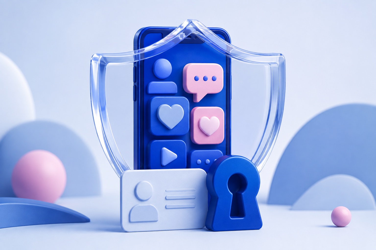 AI-illustratie van een smartphone achter een transparant schild, met een identiteitskaart en sleutelgat