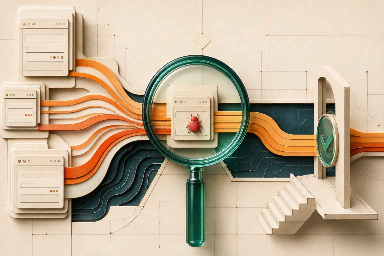 AI-illustratie van gelaagde systeemkaarten, oranje verkeerslijnen en een groene loep boven een rode bug.