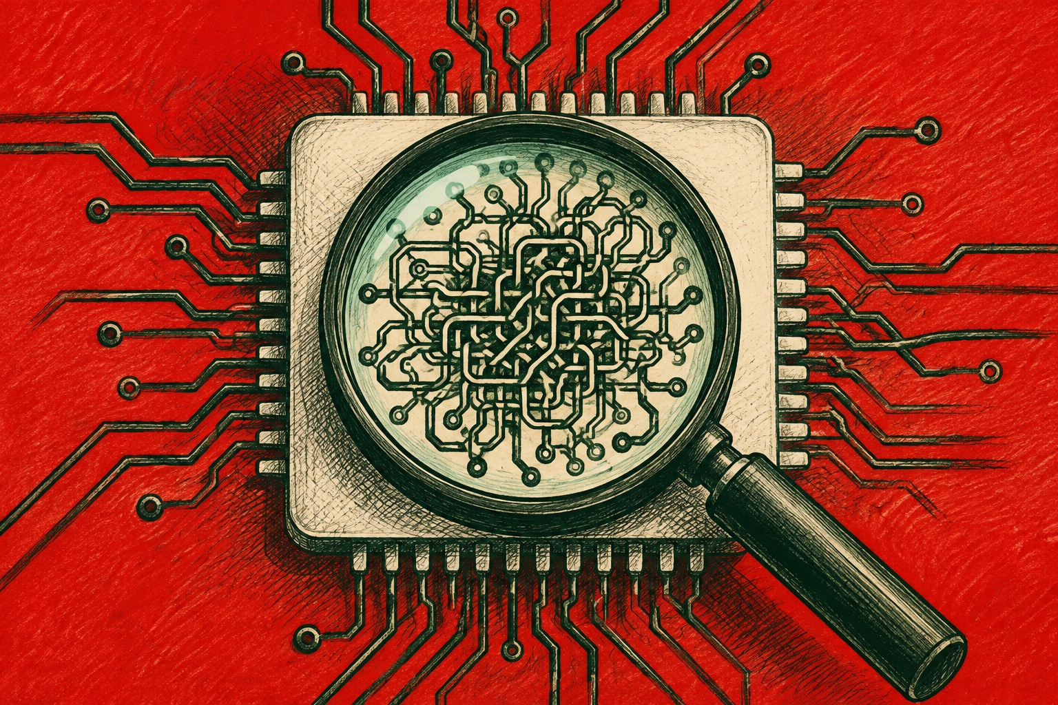 AI-illustratie van een vergrootglas boven ingewikkelde schakelingen op een computerchip, als symbool voor toezicht op AI.