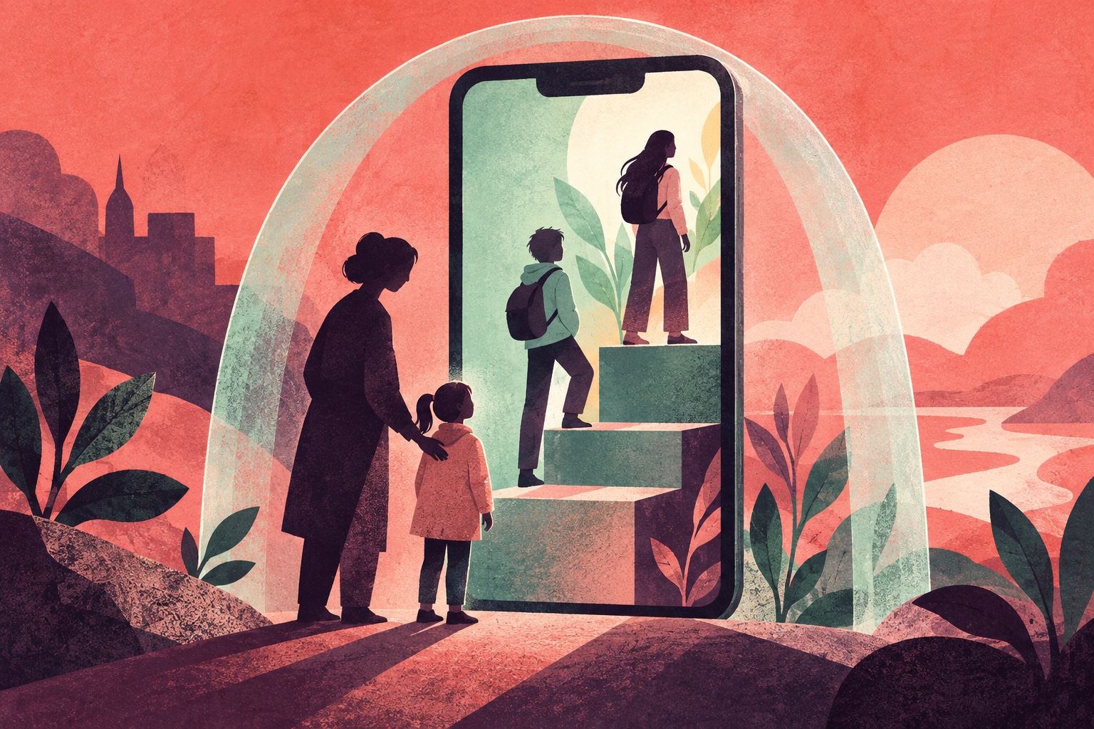 Conceptuele AI-illustratie: jonge figuren en een ouder bij drie treden in een telefoonvorm, omgeven door een beschermende boog.