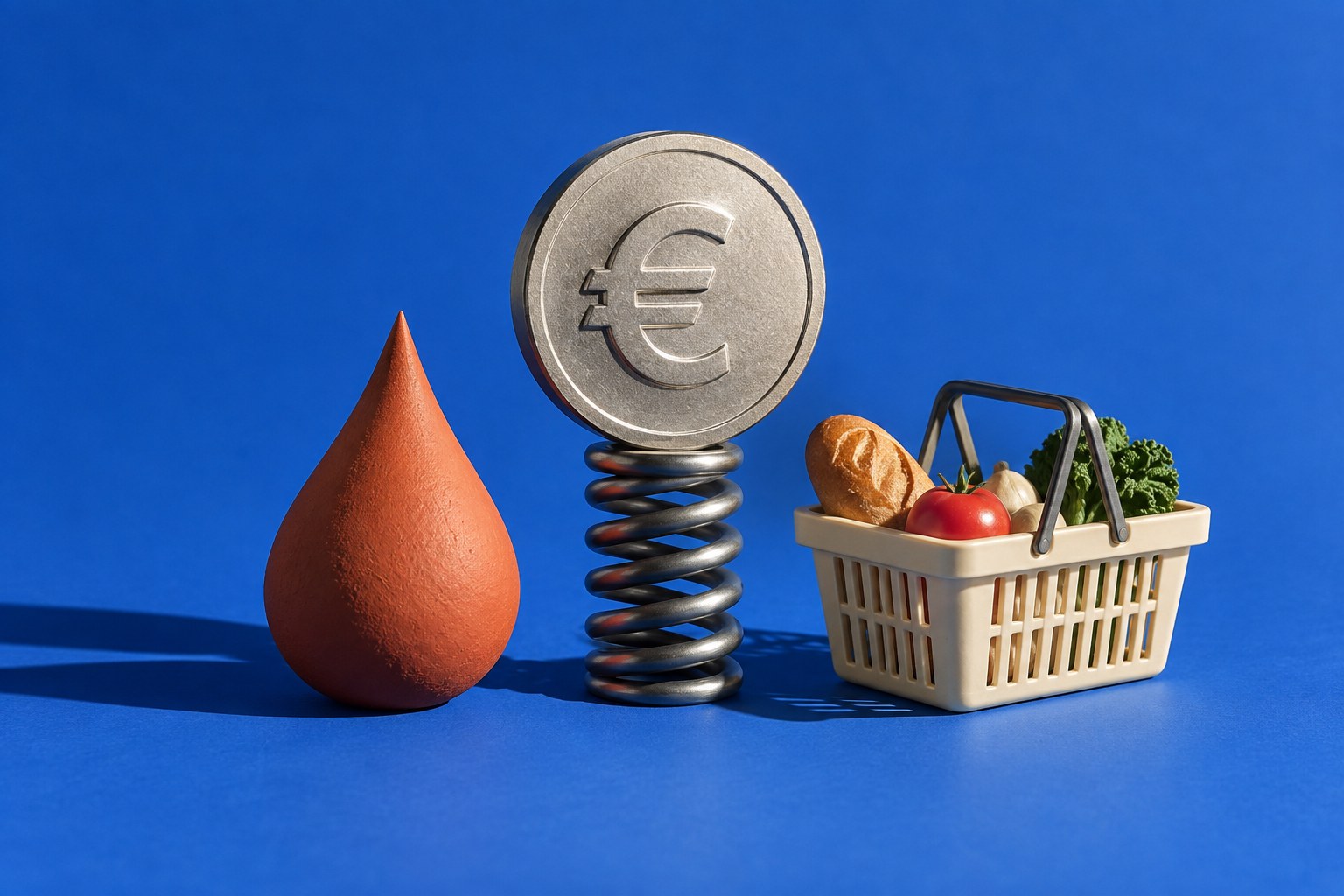 Conceptuele illustratie van een euromunt op een veer, naast een energiedruppel en een boodschappenmand op een blauwe achtergrond.