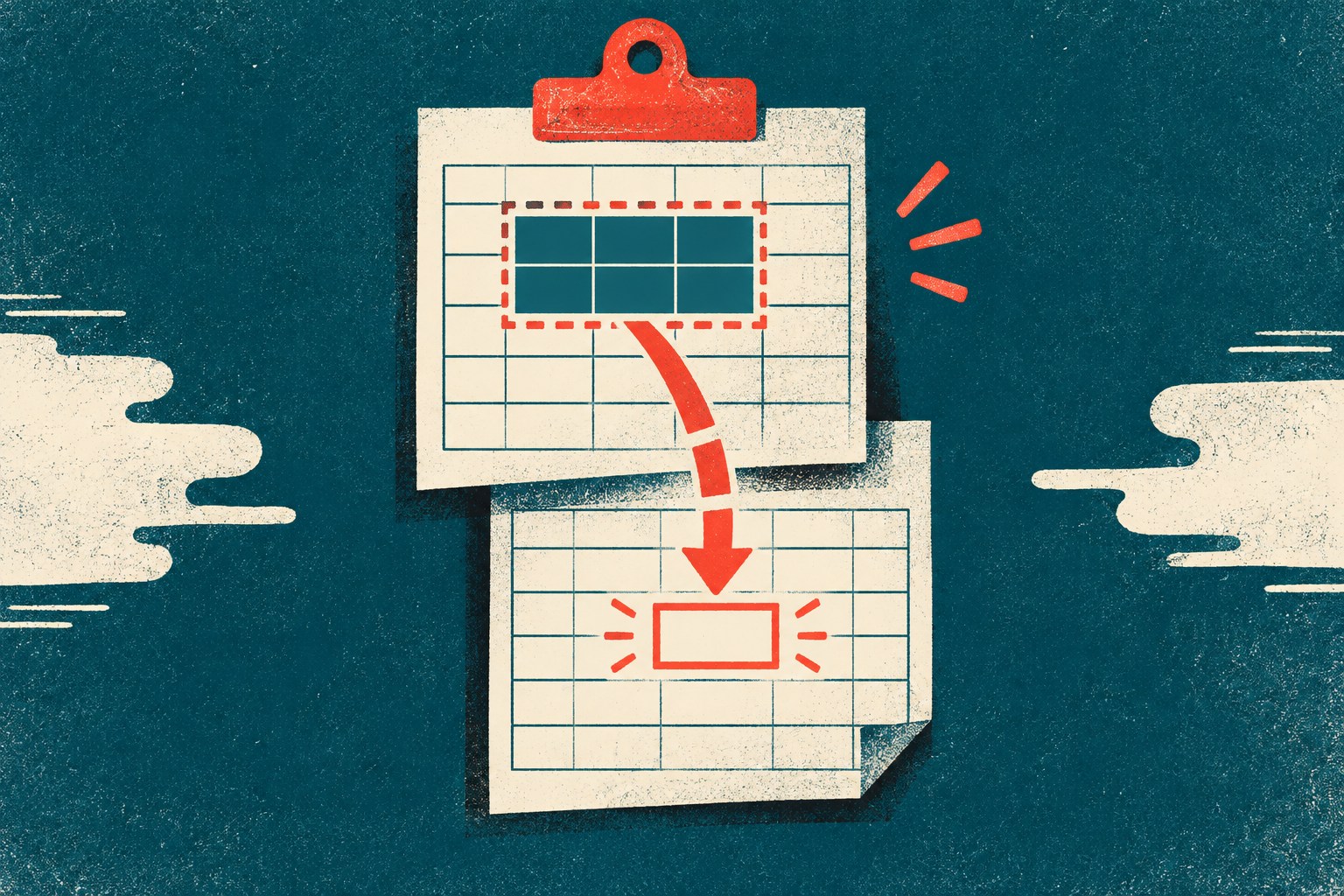AI-illustratie van twee spreadsheetvellen met een geselecteerde bron en een lege doelcel, verbonden door een onderbroken pijl.