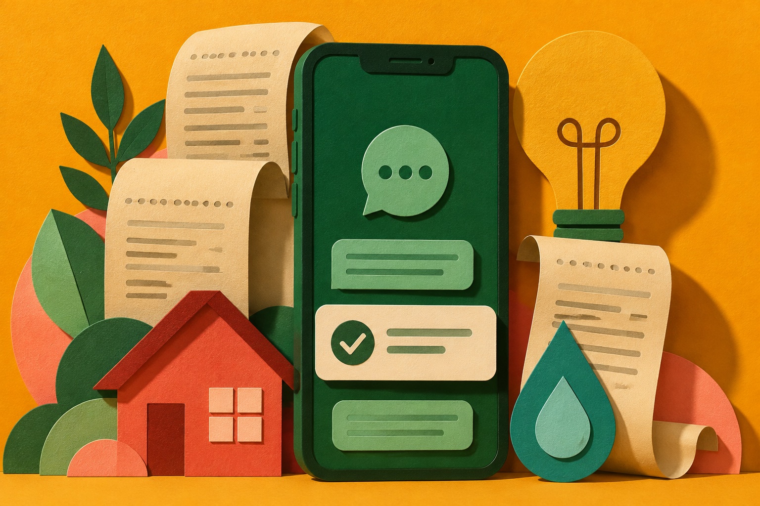 Papiercollage van een groene telefoon met rekeningen, een huis, lamp en waterdruppel.