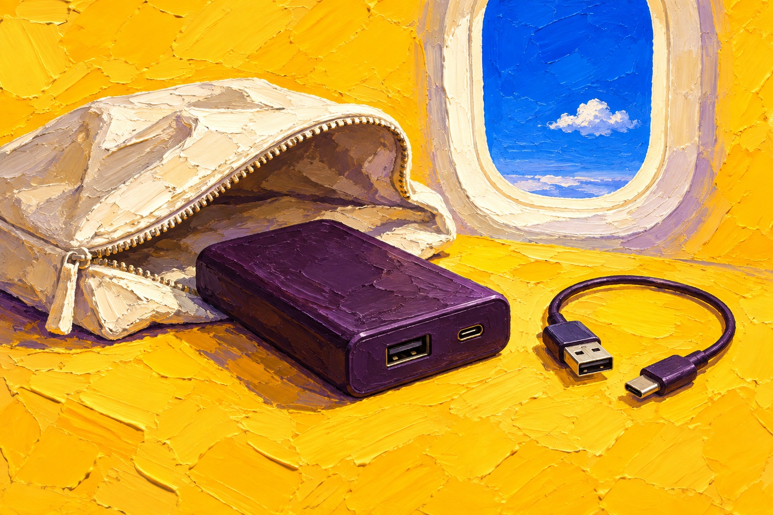 Conceptuele AI-illustratie in gele acrylverf van een paarse powerbank, een losse kabel, een witte reistas en een vliegtuigraam; geen weergave van het incident.