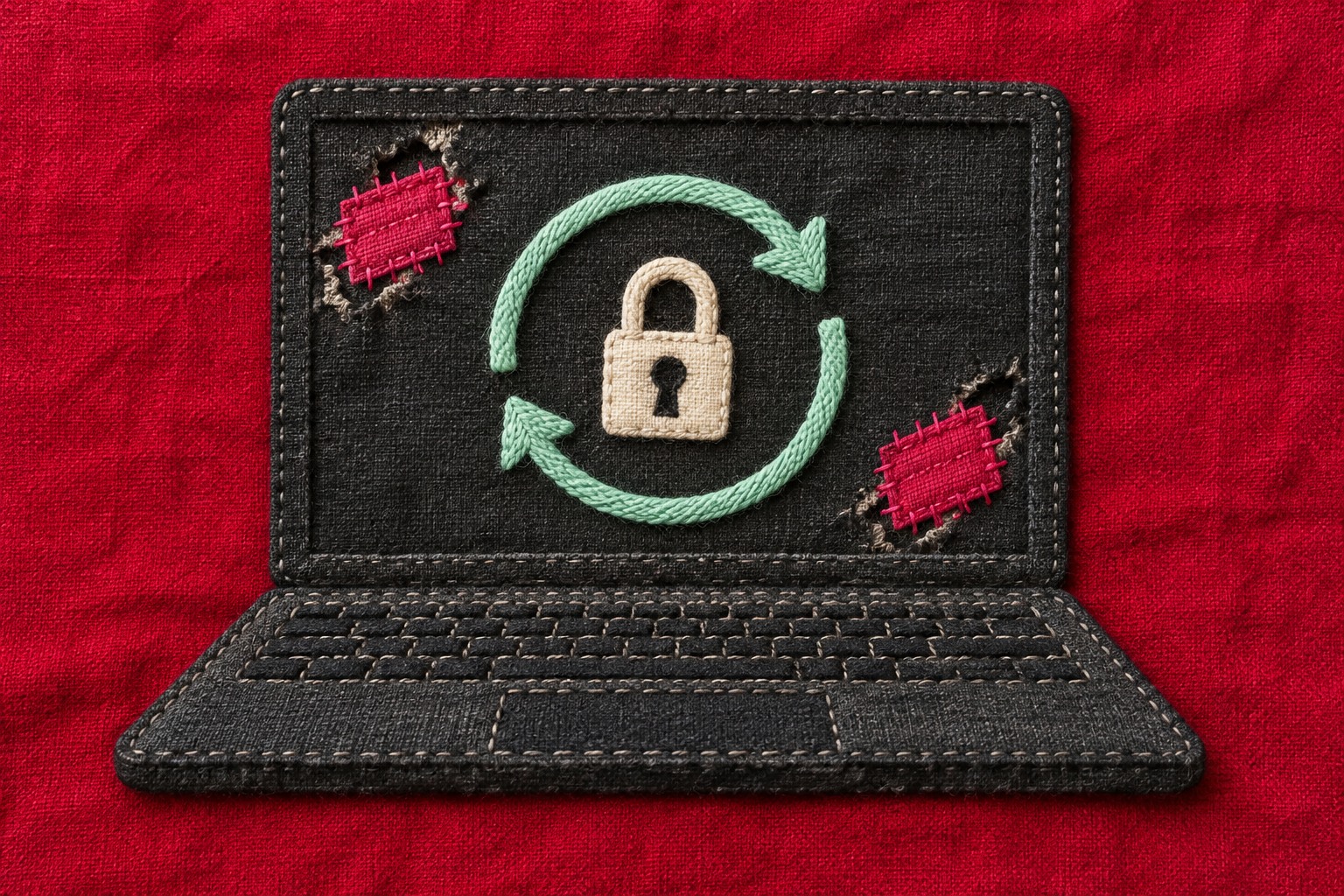 AI-illustratie van een stoffen laptop met twee gestikte reparaties, een hangslot en een mintgroene updatepijl op een rode achtergrond.