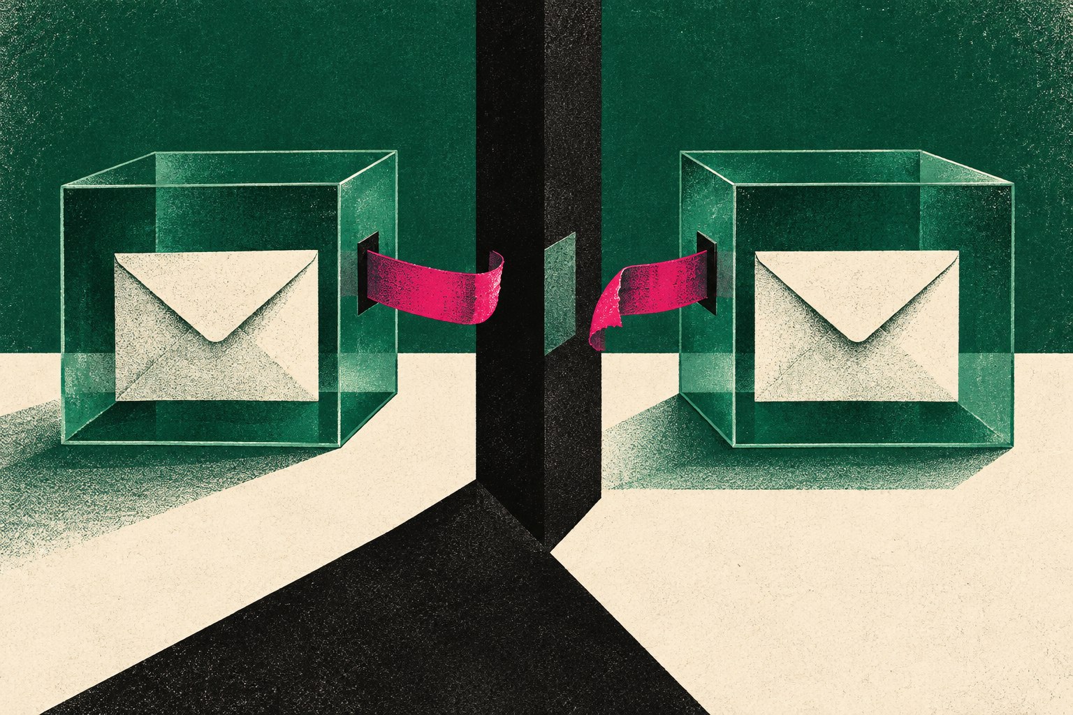 AI-illustratie van twee gescheiden archiefdozen en een afgesloten verbindingskanaal.