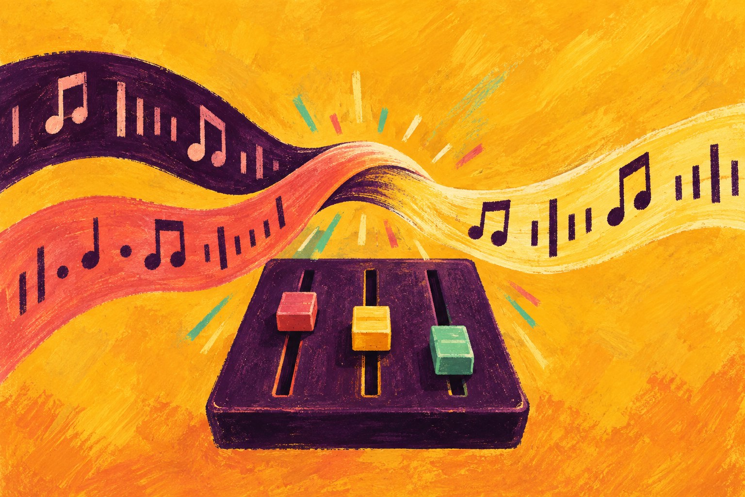 AI-illustratie van een geschilderde mengtafel en twee muzikale linten die samenkomen.