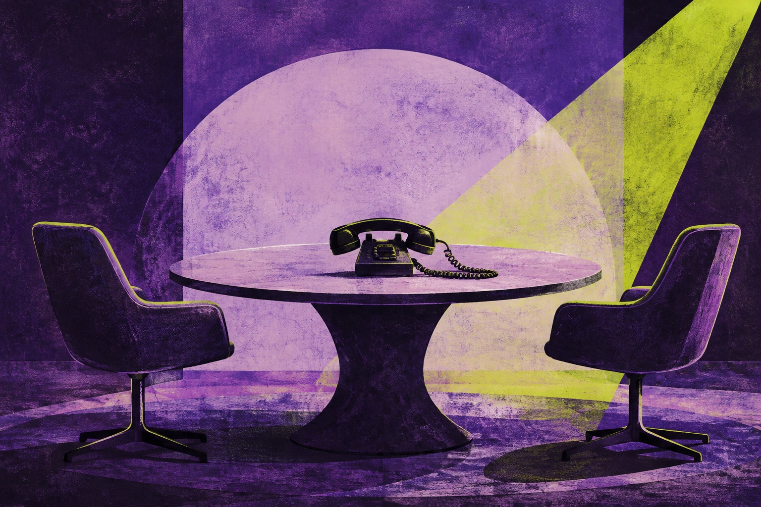 AI-illustratie van een telefoon en twee lege stoelen aan een tafel, als symbool voor diplomatiek overleg.