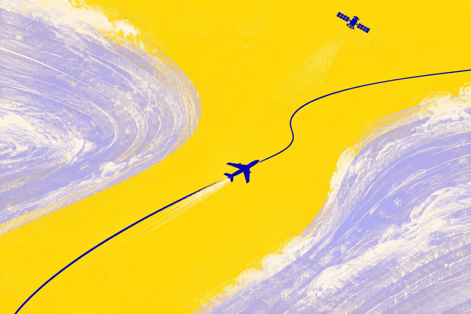 AI-illustratie: een vliegtuig volgt een gebogen route tussen atmosferische lagen, met een satelliet erboven.