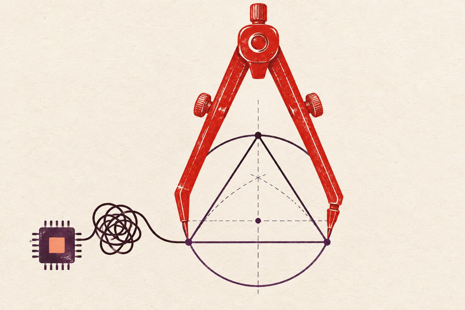 AI-illustratie van een rode tekenpasser boven een meetkundige tekening, verbonden met een computerchip.