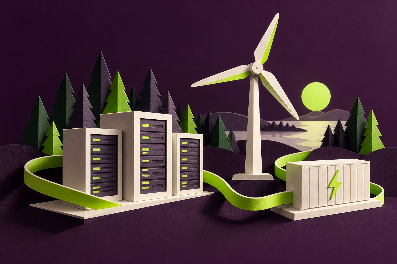 AI-illustratie van papieren serverkasten, een windturbine en een batterij, verbonden tussen naaldbomen.