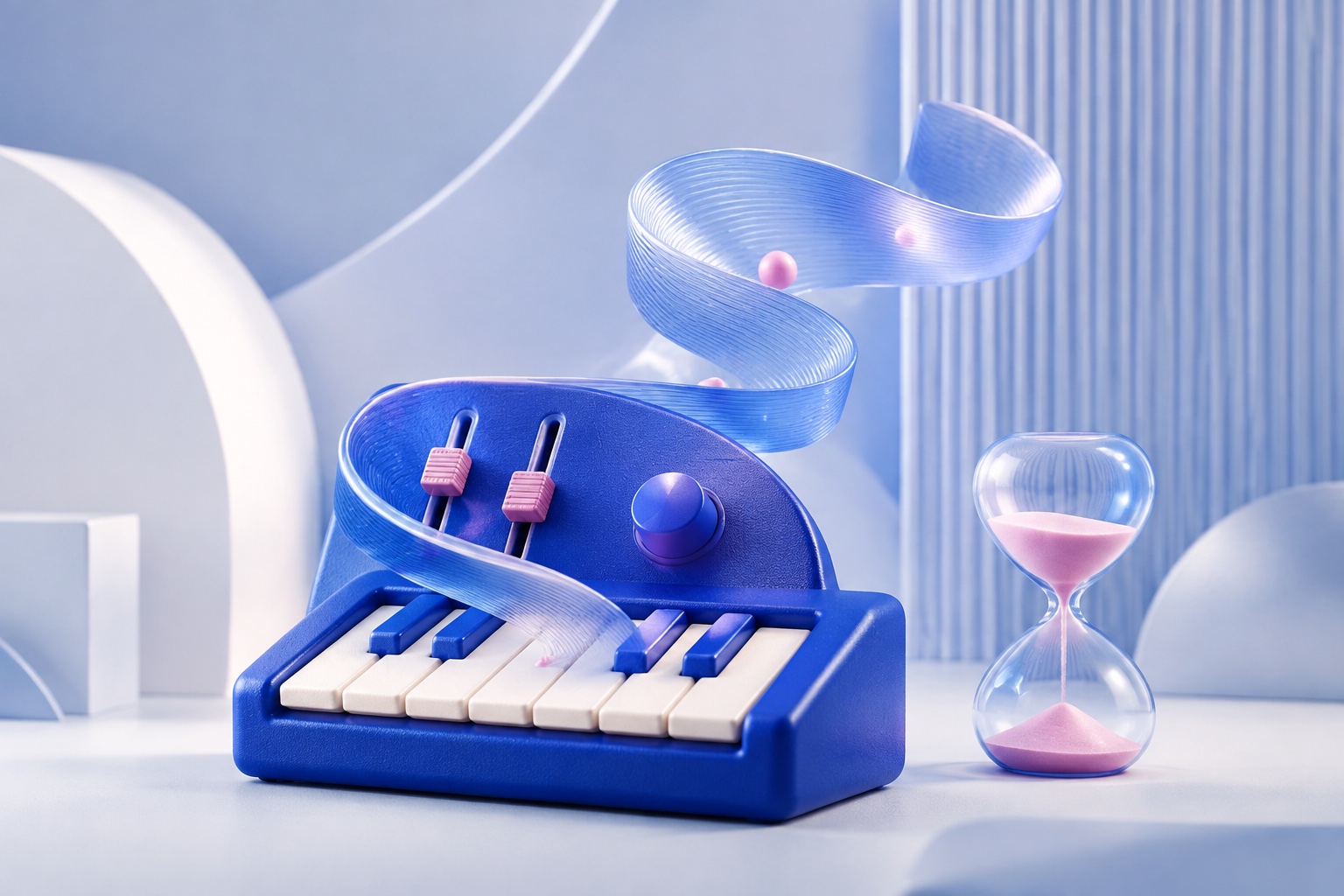 AI-illustratie van een blauwe synthesizer met schuifregelaars, een geluidsgolf en een kleine zandloper