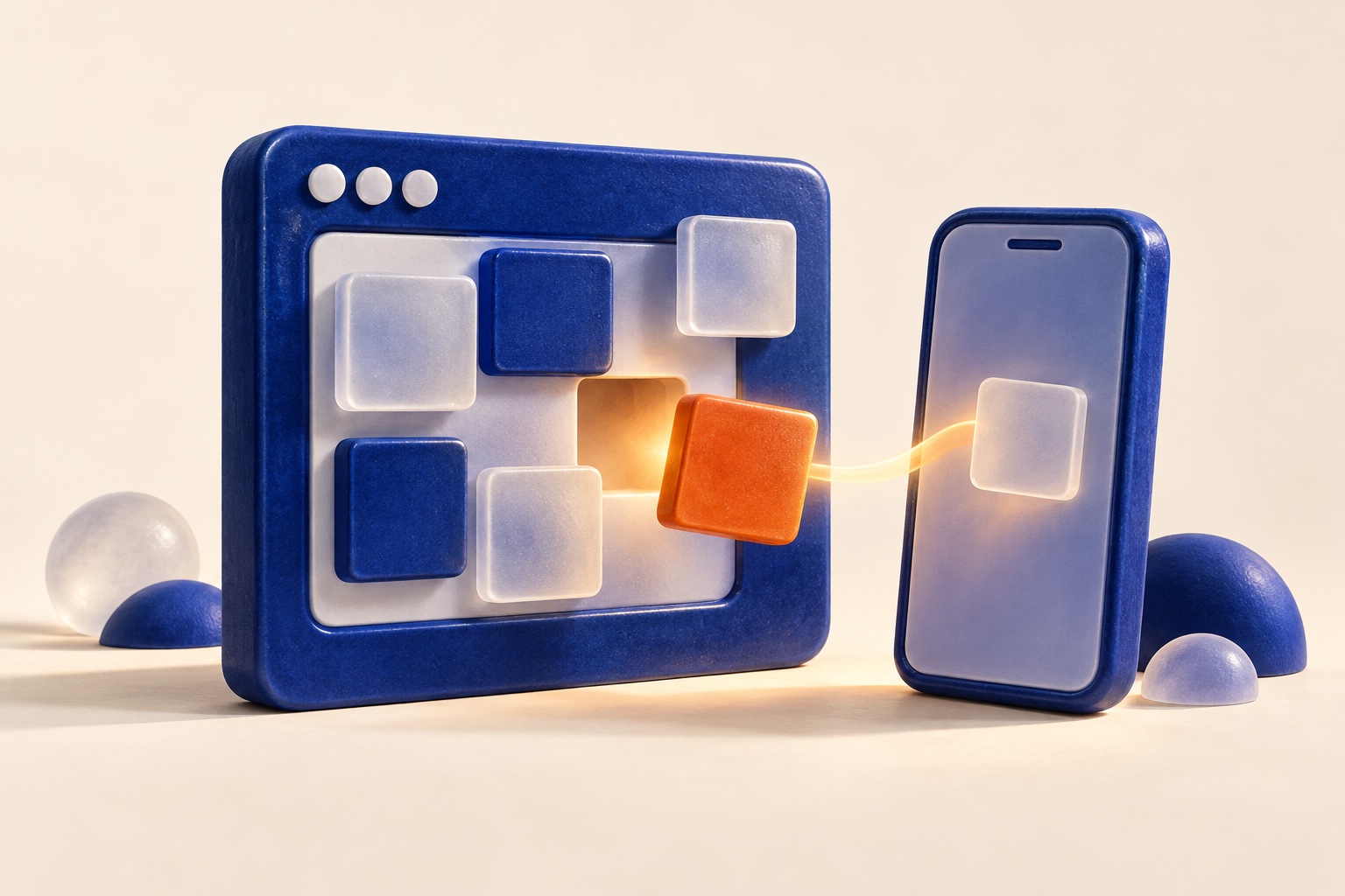 Conceptuele AI-illustratie: een oranje vervangend blokje wordt in een blauw browserraam geplaatst, met een telefoon ernaast.