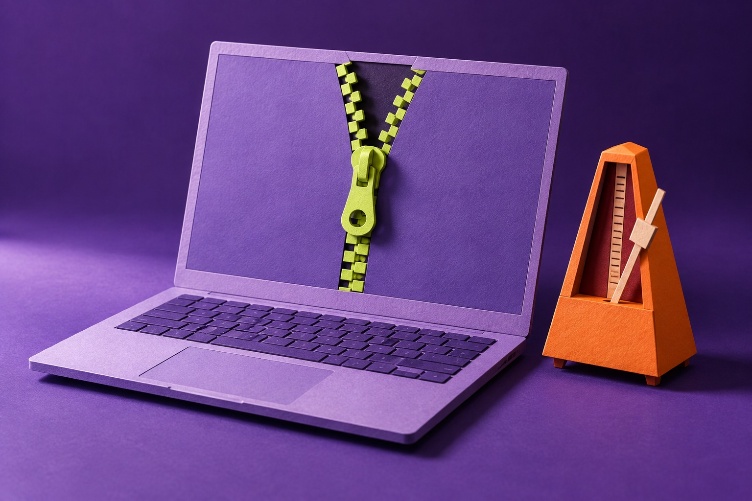 AI-illustratie van een paarse papieren laptop, een groene rits die een opening sluit en een oranje metronoom.