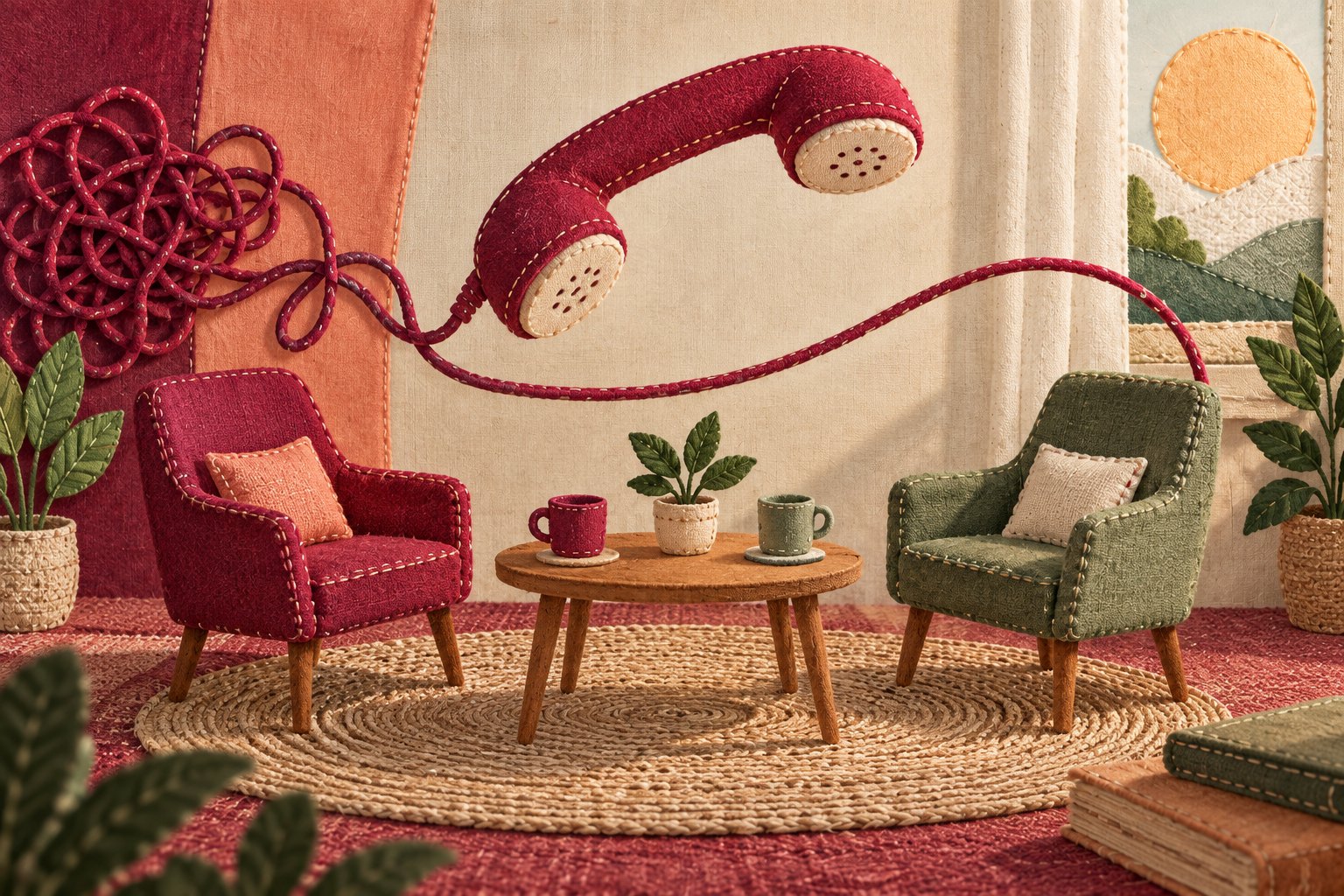 AI-illustratie als stoffen collage: twee lege stoelen, een tafel en een telefoonhoorn met een ontward snoer verbeelden een gesprek over zorgen.