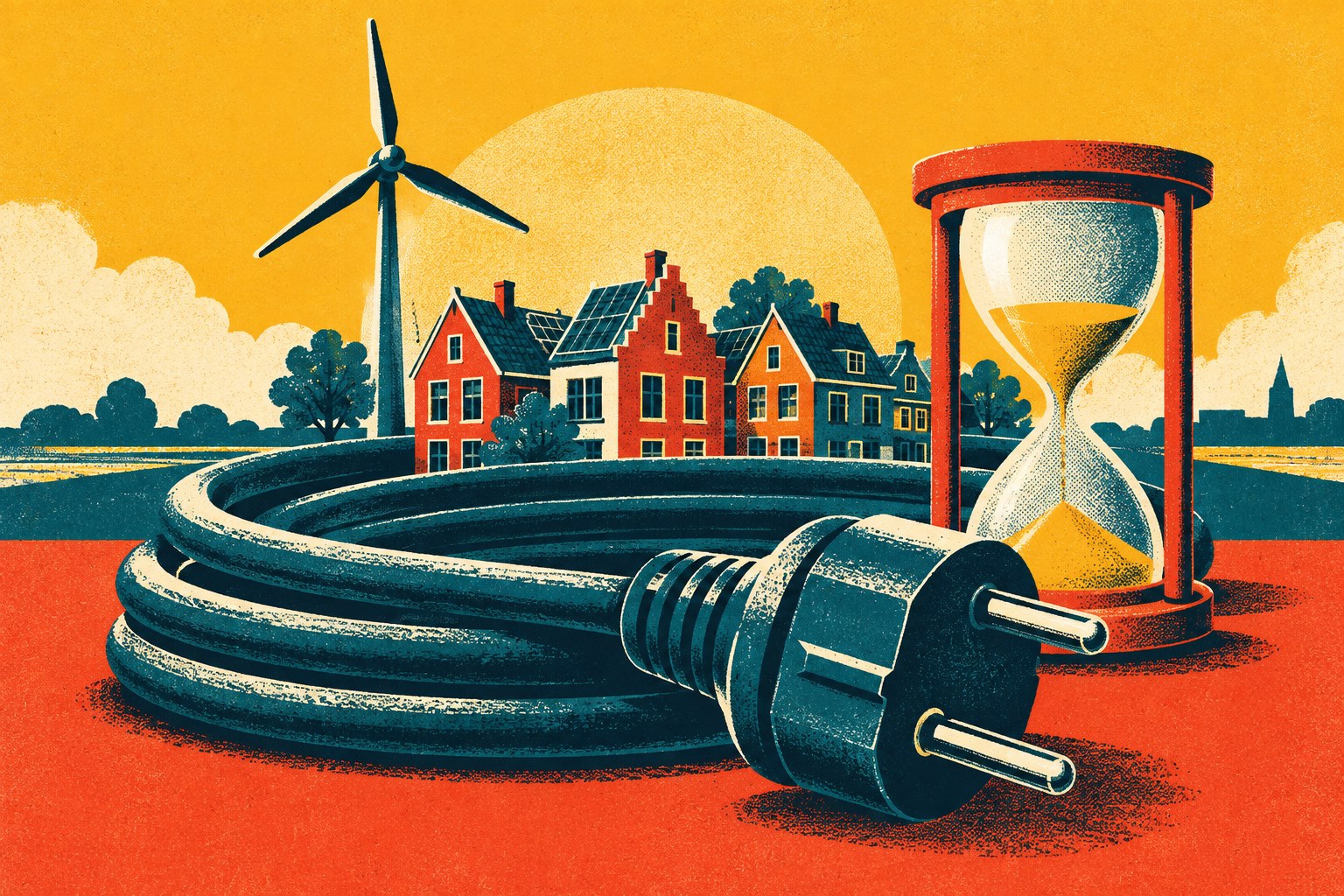 AI-illustratie in zeefdrukstijl van een stroomkabel, huizen, een windmolen en een zandloper, als beeld voor wachten op ruimte op het stroomnet.
