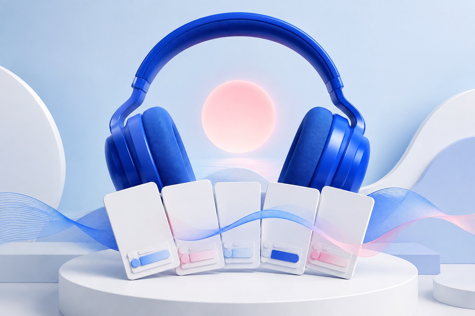 AI-illustratie van blauwe hoofdtelefoon rond een roze zon, met vijf blanco muziekkaartjes