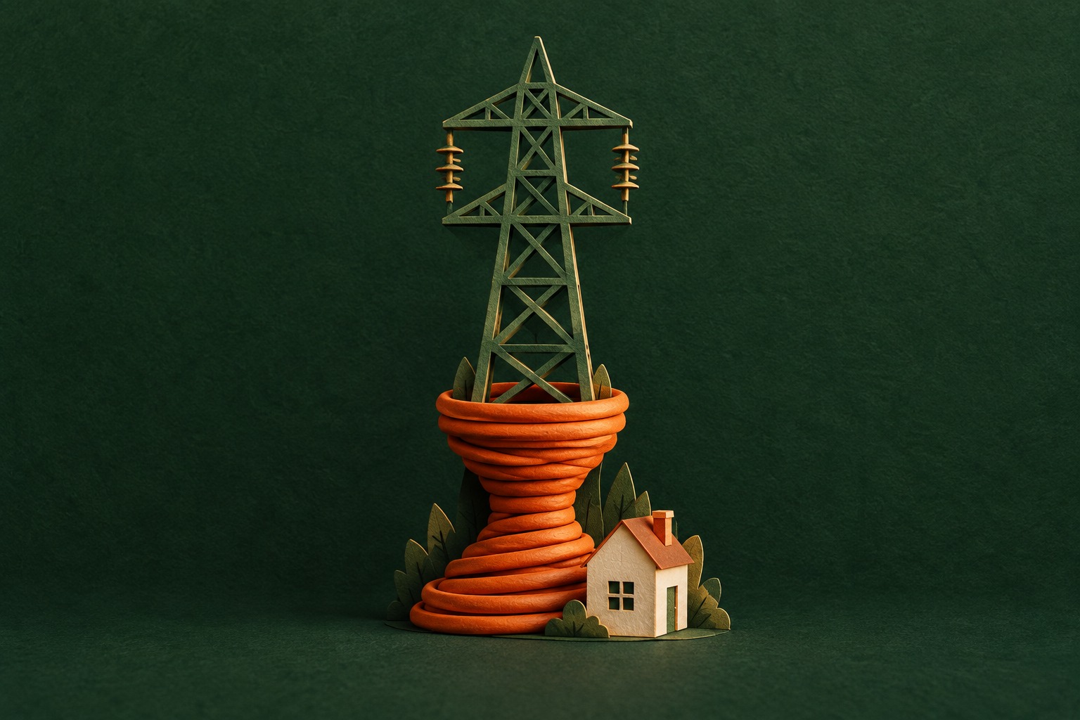 AI-illustratie van een papieren hoogspanningsmast, een huis en een opgerolde kabel als beeld voor een vol stroomnet.