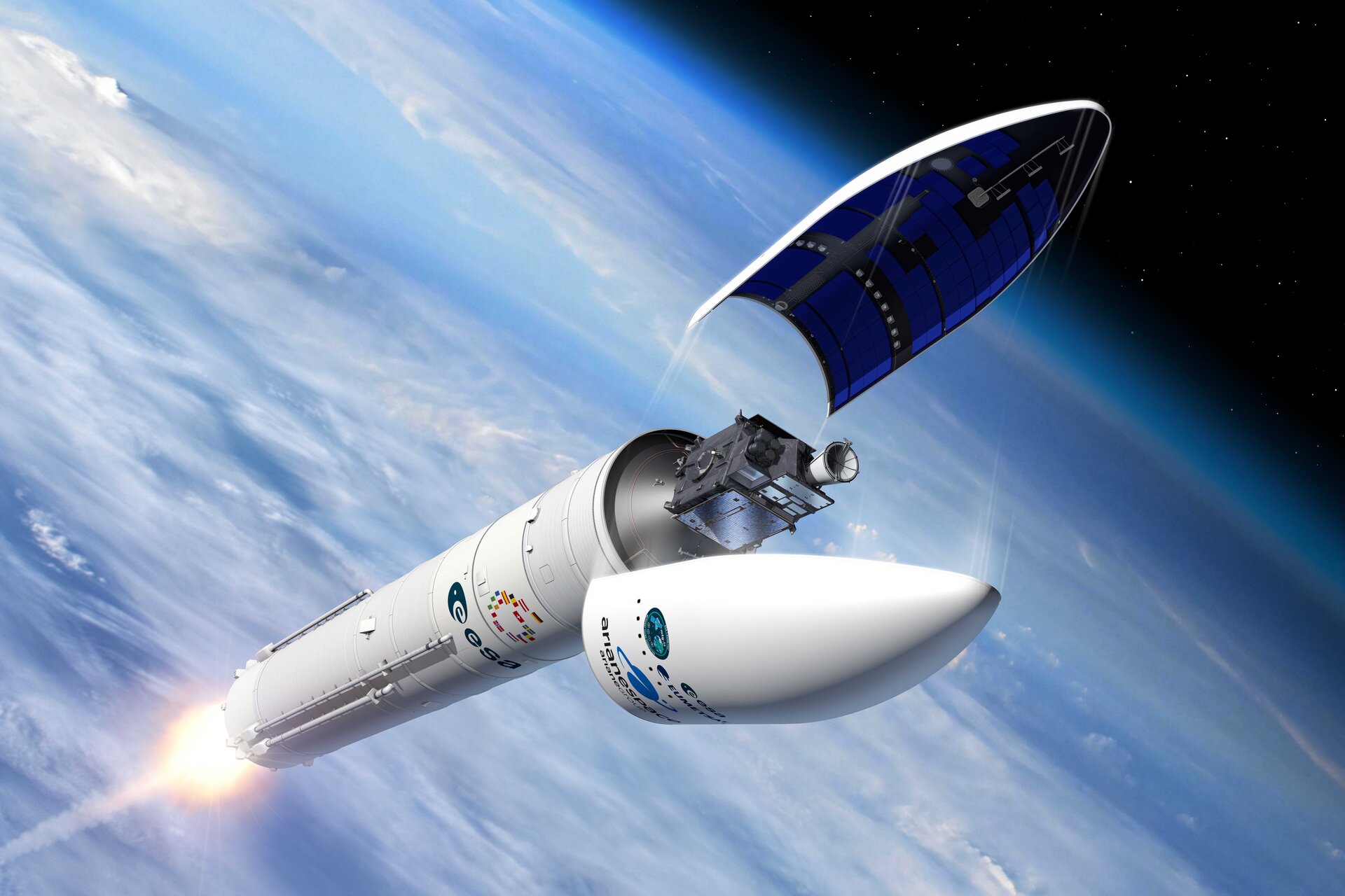 ESA-illustratie: de beschermkap van een Ariane 6 opent boven de aarde en maakt MTG-I2 zichtbaar.