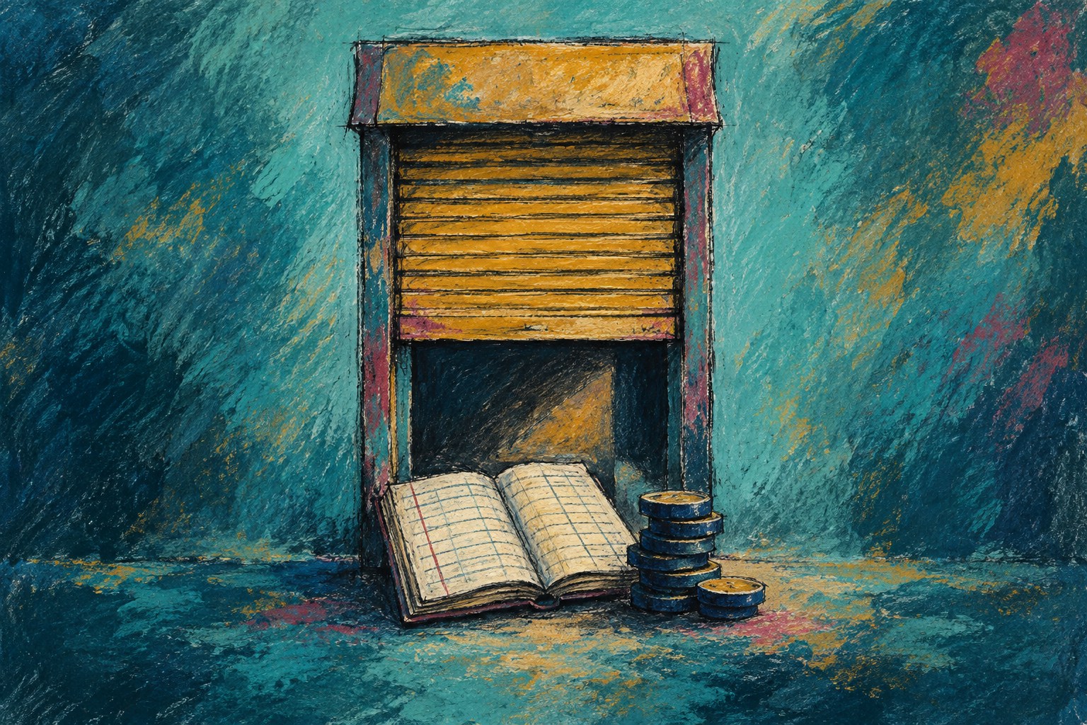 AI-illustratie van een denkbeeldige winkel met een rolluik, een kasboek en munten; geen afbeelding van een bestaand bedrijf.