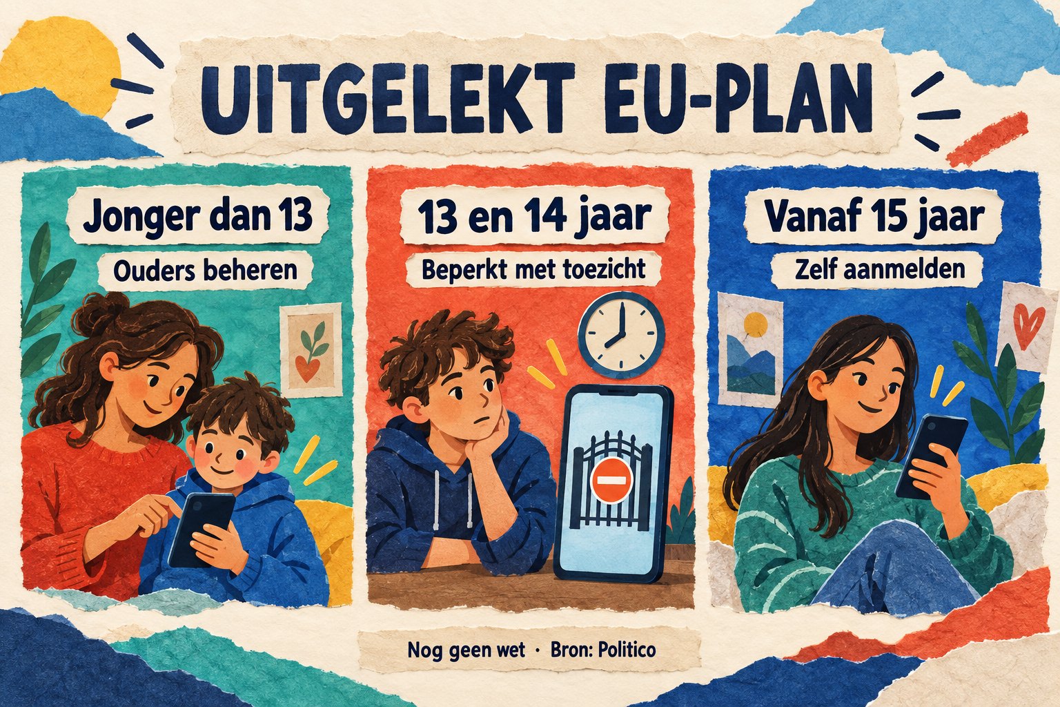 AI-illustratie: drie leeftijdsgroepen in het uitgelekte EU-plan, met ouders, toezicht en zelfstandig aanmelden.