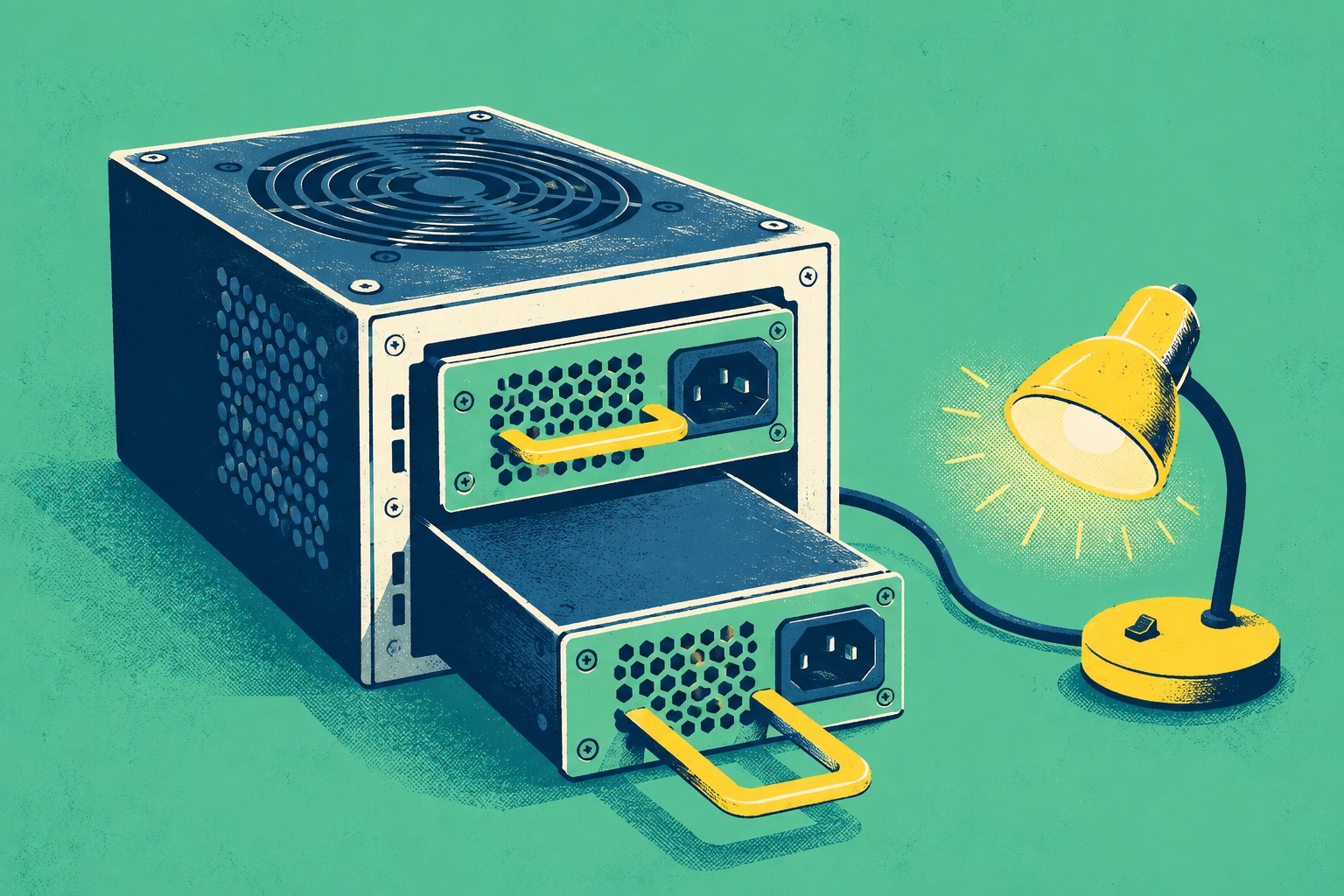 AI-illustratie van een generieke voeding met twee uitschuifbare modules en een brandende lamp, als verbeelding van doorwerken bij een defect; geen afbeelding van het Chieftec-prototype.