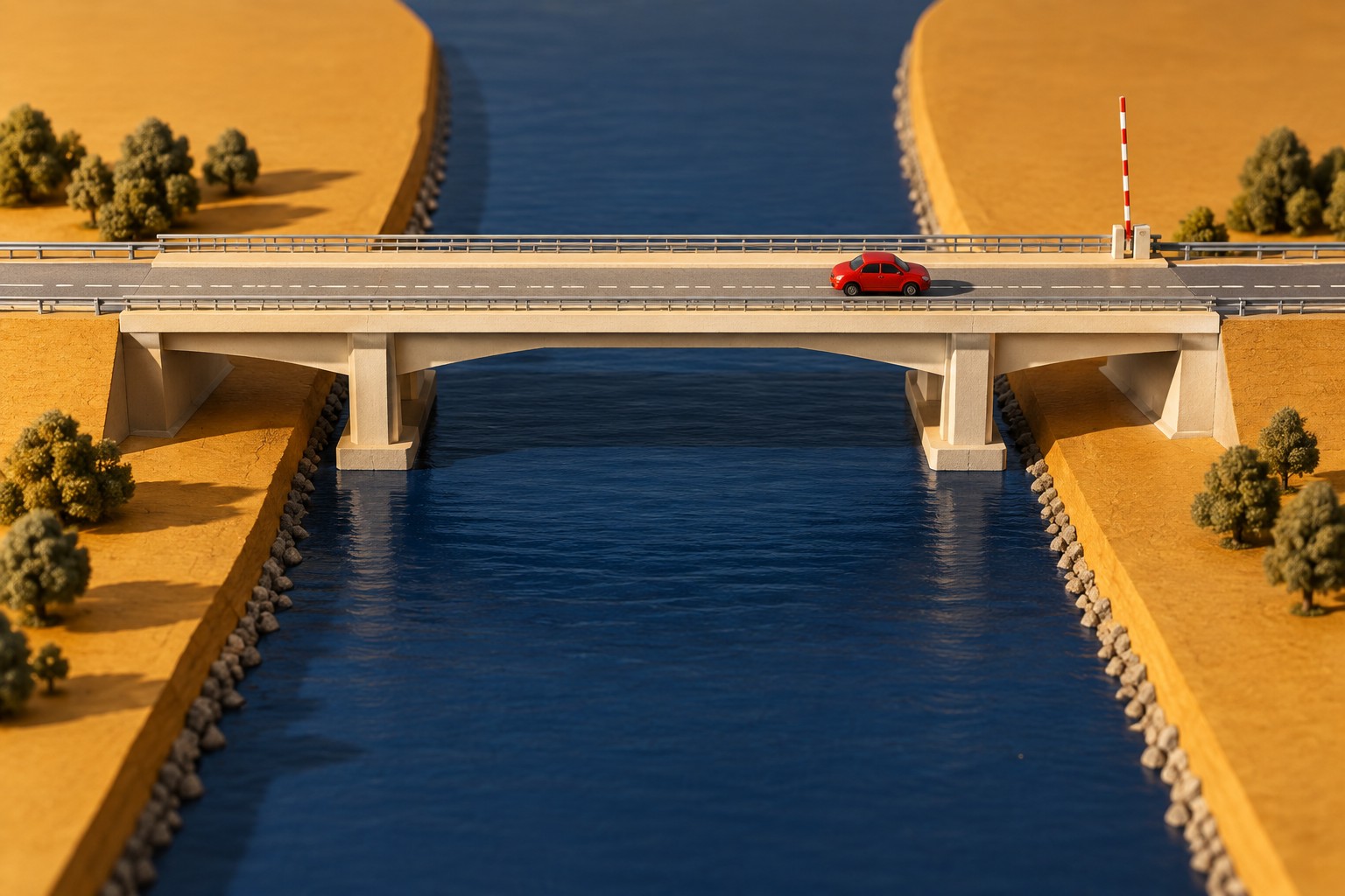 AI-illustratie: een maquette van een brug over blauw water, met een auto en een open slagboom. Geen weergave van de echte Hardenbergerbrug.