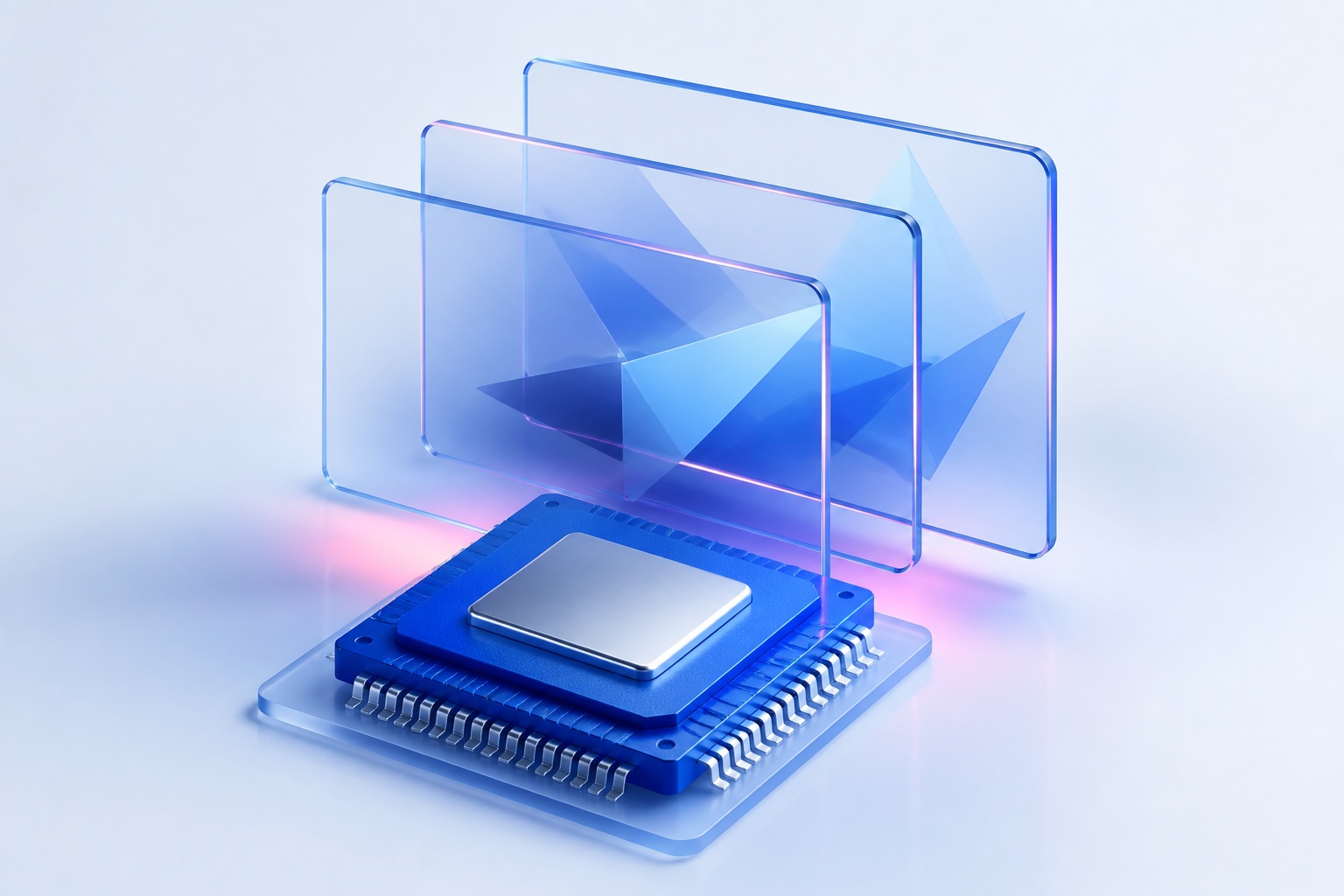 Originele AI-illustratie van een blauwe chip met zwevende beeldlagen