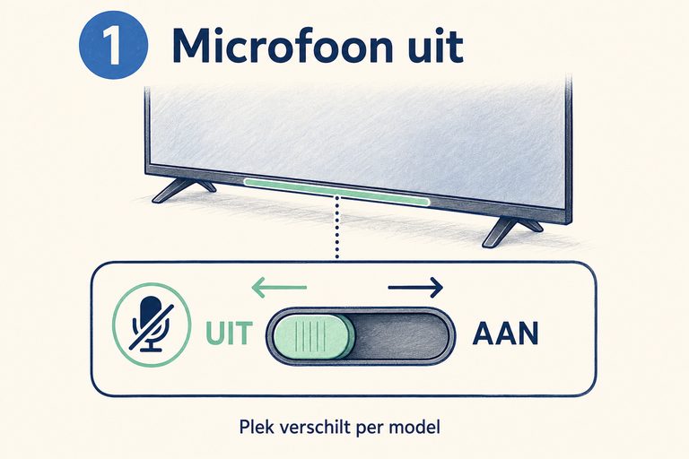 Schema bij stap 1: een tv-onderrand met een uitvergrote microfoonschakelaar op UIT. De plek verschilt per model.