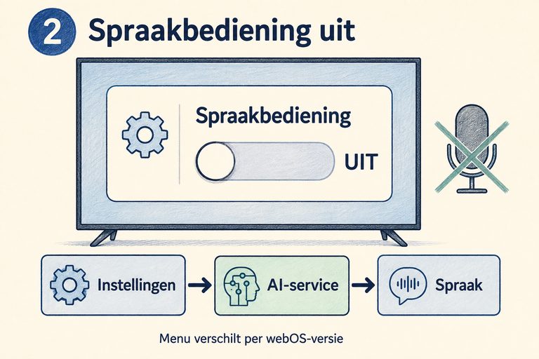 Schema bij stap 2: een vereenvoudigd menu voor spraakbediening met de schakelaar op UIT.