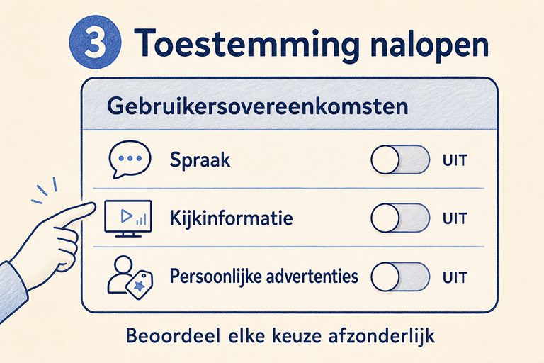 Schema bij stap 3: afzonderlijke keuzes voor spraak, kijkinformatie en persoonlijke advertenties staan uit.