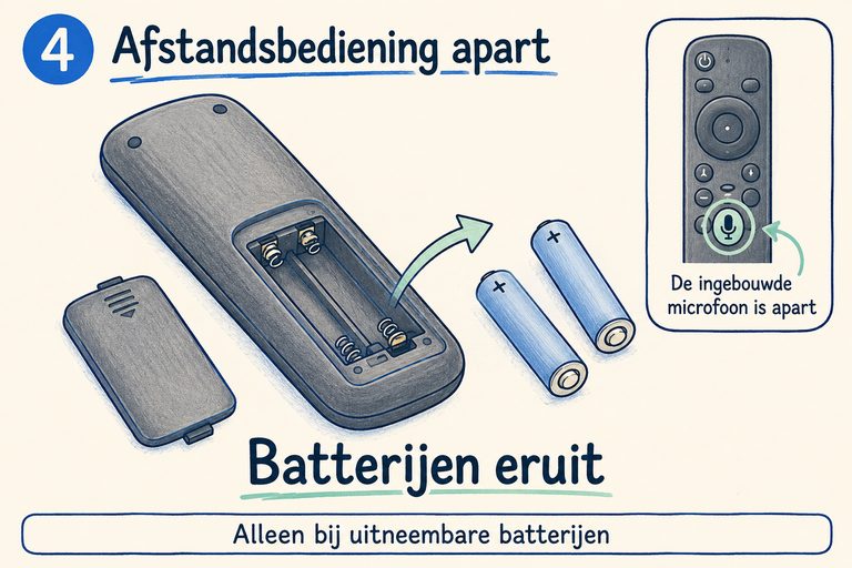 Schema bij stap 4: de batterijklep van een afstandsbediening is open en beide batterijen zijn eruit gehaald.