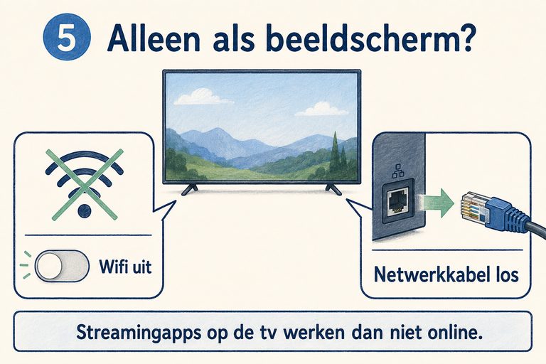 Schema bij stap 5: wifi staat uit en de netwerkkabel is uit de tv getrokken; beide verbindingen zijn verbroken.