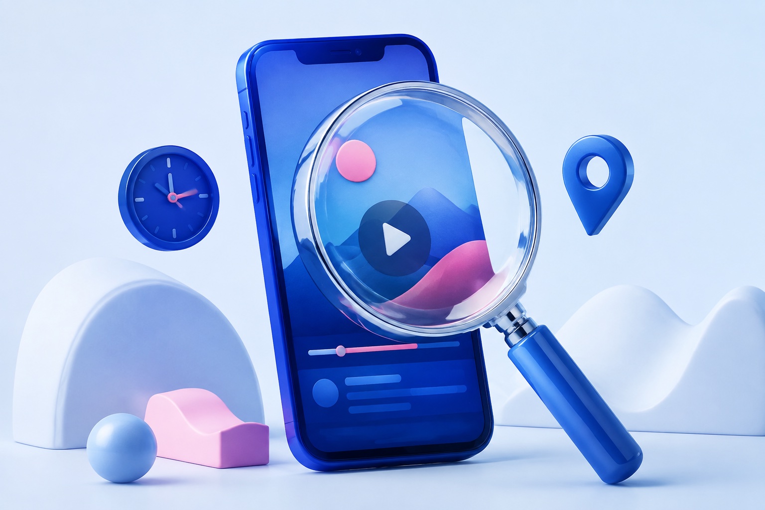 AI-illustratie van een vergrootglas boven een smartphonevideo, met een klok en locatiepin