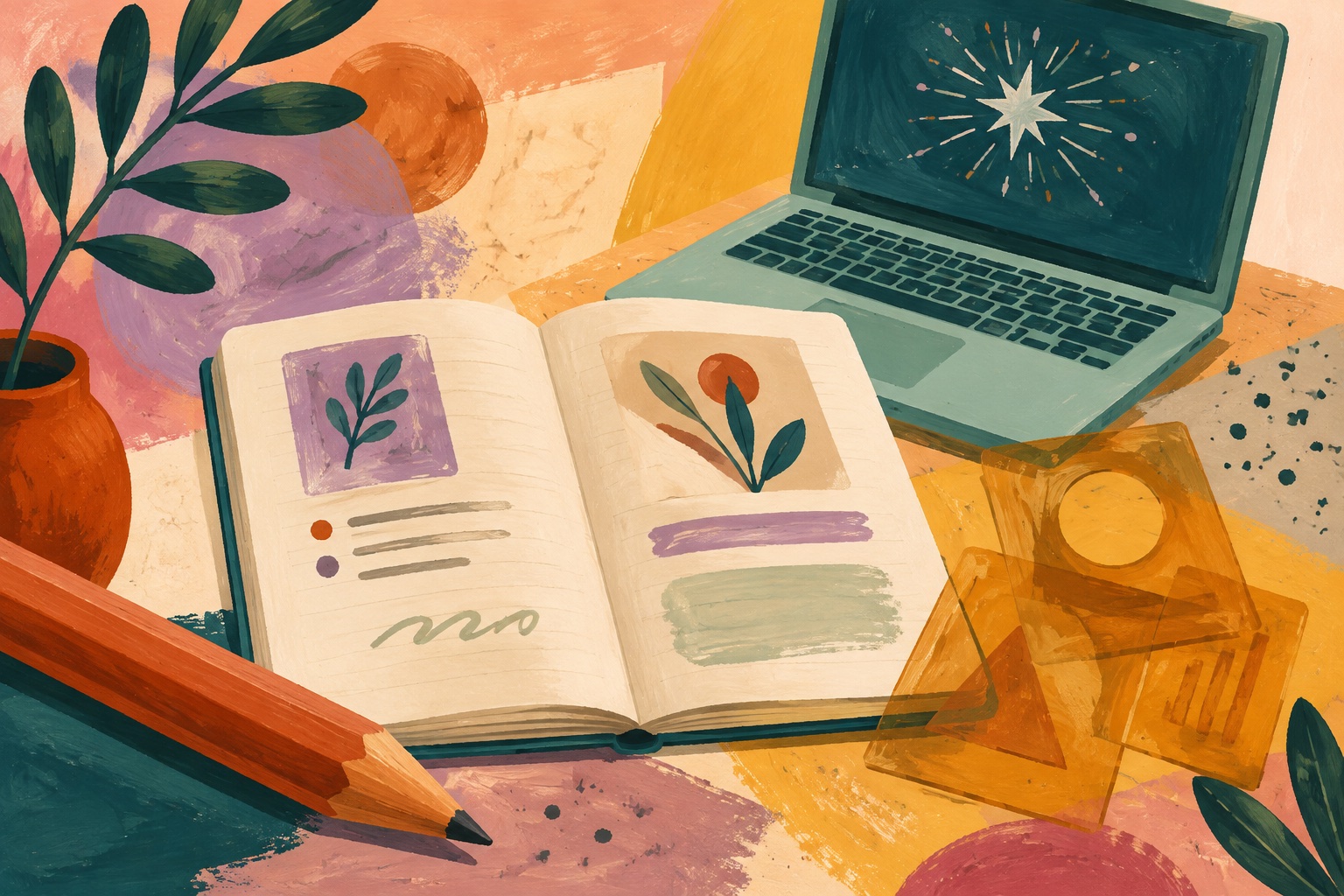 Geschilderde illustratie van een lesboek, potlood en laptop in warme kleuren.
