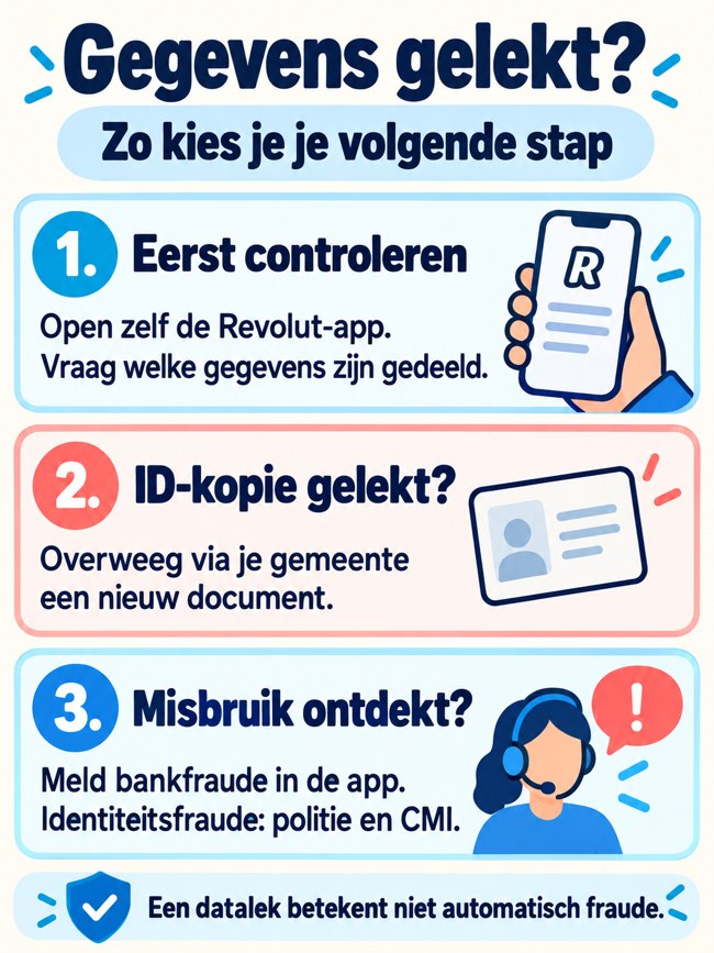 Stappenschema: controleer via Revolut welke gegevens zijn gedeeld; overweeg bij een gelekte ID-kopie een nieuw document; meld bankfraude in de app en identiteitsfraude bij politie en CMI.